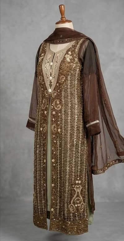 fancy double net  frock front side open long frock 3pc