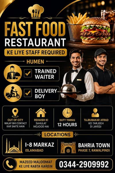 fast food restaurant staff required waiter & delivery boy