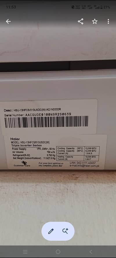Haier Ac 1.1 ton
