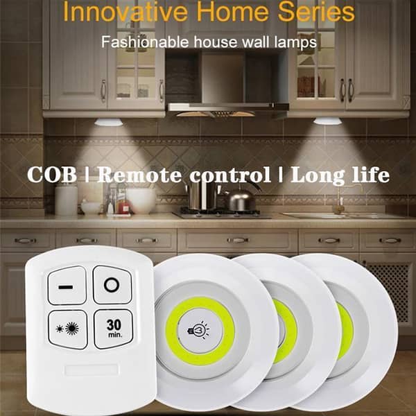 Pack of 3 LED Remote Control Lights – Tap Lights with Self Adhesive for Cabinet, Wardrobe & Kitchen