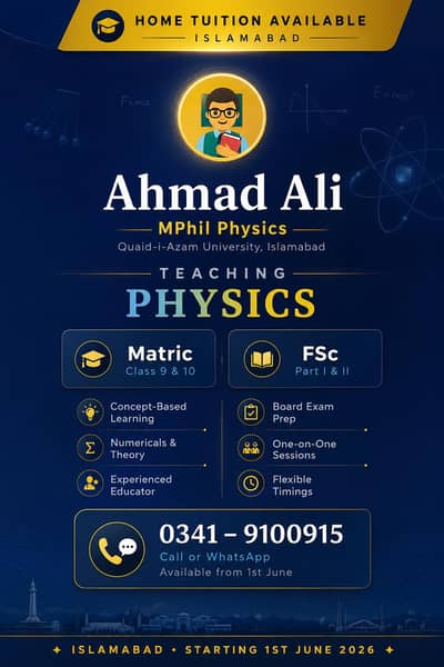 Experienced Physics Tutor for Matric & FSc – Islamabad