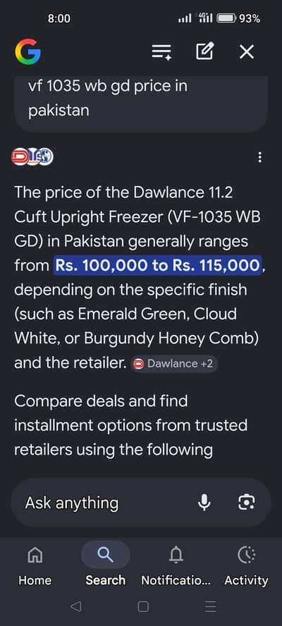 dawlance vertical freezer