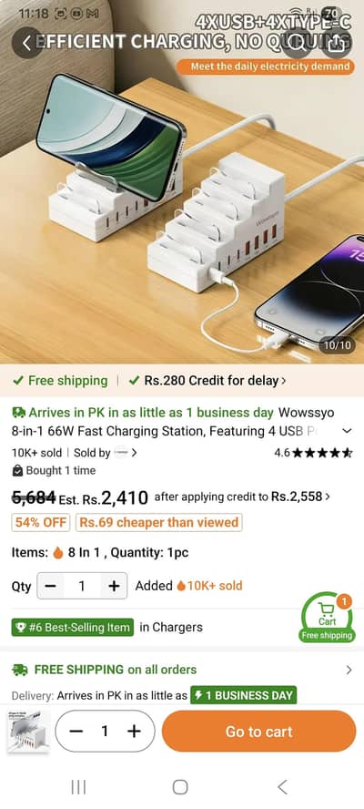 Wowssyo 8-in-1 Fast Charging Station (66W) – 4 USB + 4 Type-C Ports