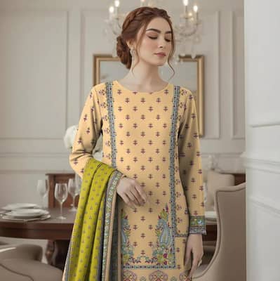yellow printed lawn 3 pcs shirt dupatta trouser set