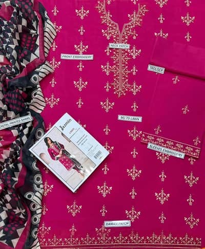 magenta embroidered lawn 3 pcs set for woman's