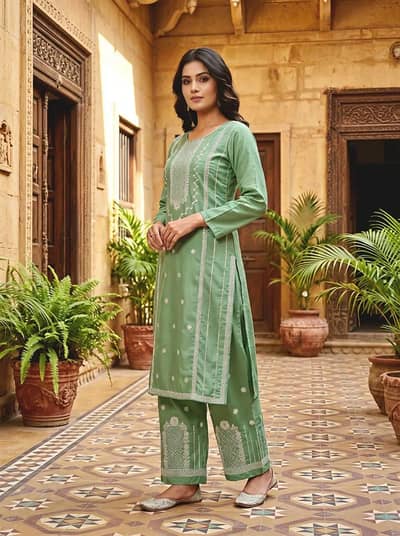 Embroidered 2Pcs Women Shirt Trouser Multicolor Cotton Large