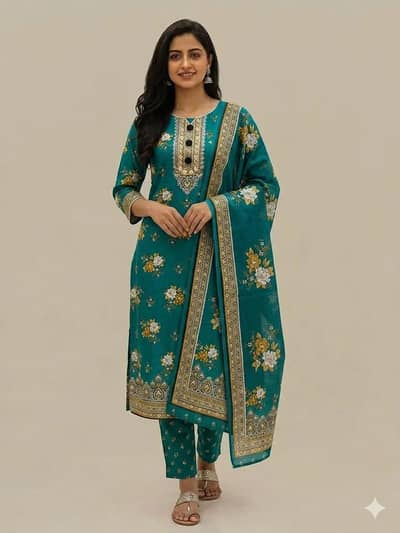 Green Floral Embroidered Kurta Set for Women