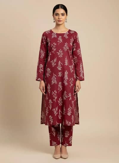 Women Unstitched Printed Suit Red 2 Pcs Micro Polo Cotton
