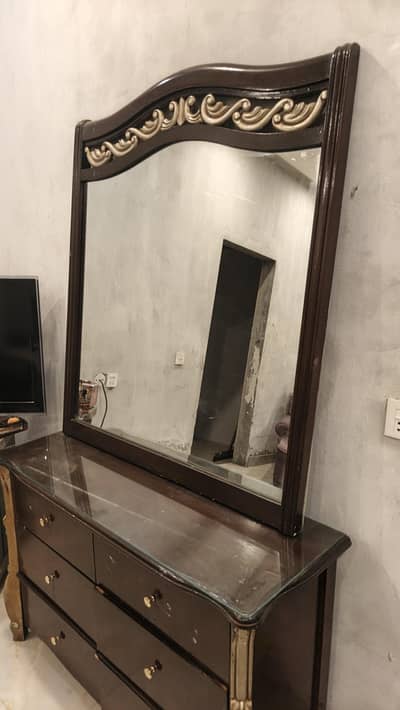 pure wooden bed/ heavy wood side tables / drawer with mirror