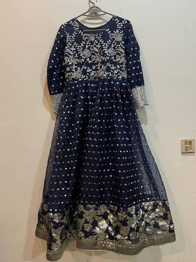  Elegant Navy Blue Maxi Dress – 3 Piece (Maxi + Trouser + Dupatta)