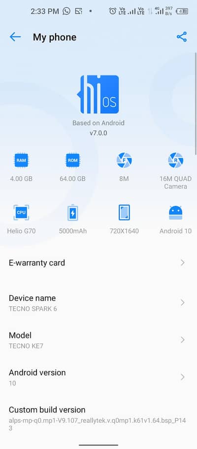 6.8 inches + 4GB + 64GB Techno Spark 6