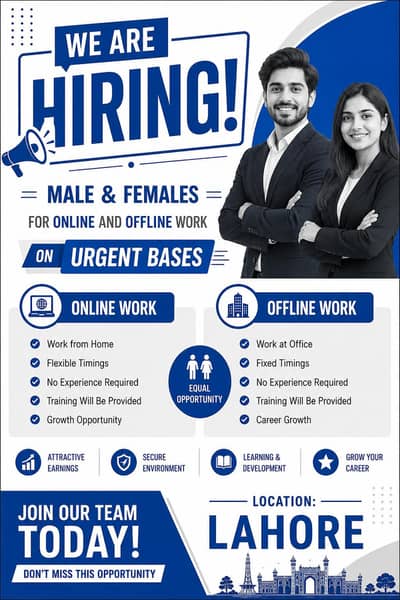 Hiring males and females on urgent bases.