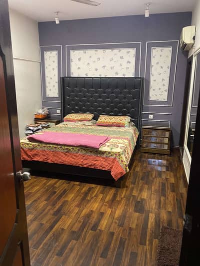 Modern Black leather bed and wooden dressing