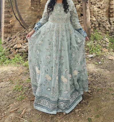 Elegant Ice Blue Heavy Embroidered Maxi Dress