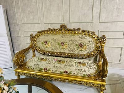 King Sofa / 7 Seater / Pure Sheesham / Antique Golden
