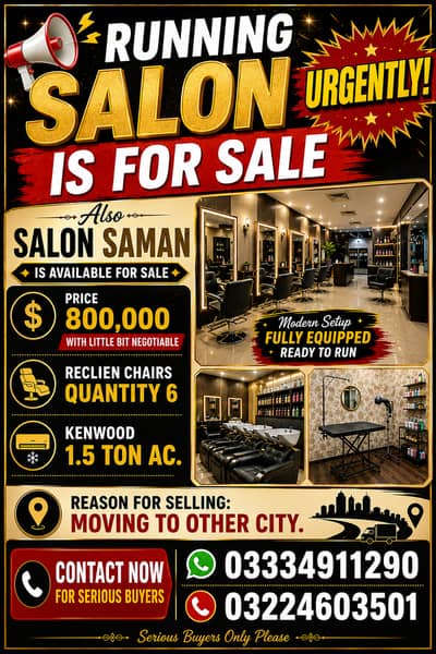 Running Salon for Sale – Urgent, Prime Location