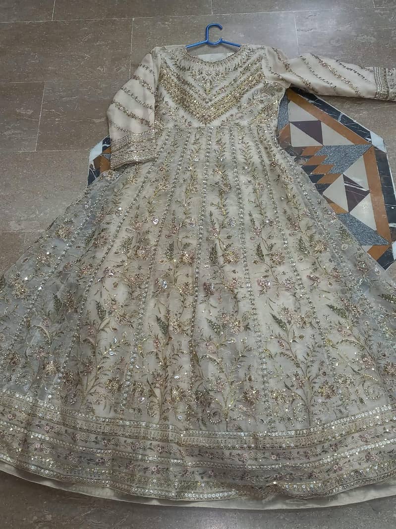 elegant heavy embroided party wear maxi shampan beige colour light new 4
