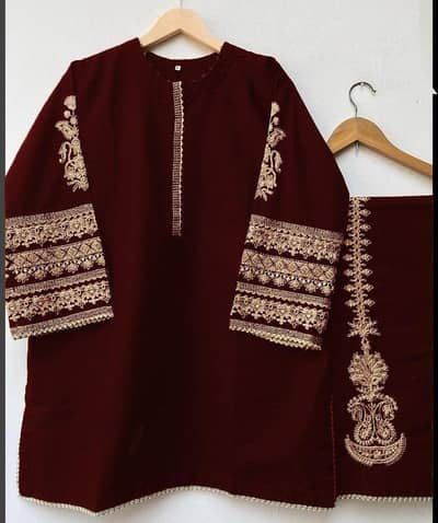 Maroon Embroidered 2 Piece Women Suit | Fancy Kurti Trouser Set