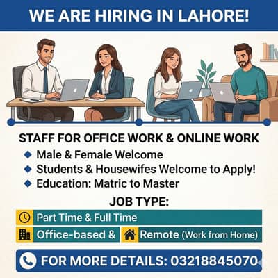 Part Time & Full Time Jobs in Lahore – Office & Online Work Available