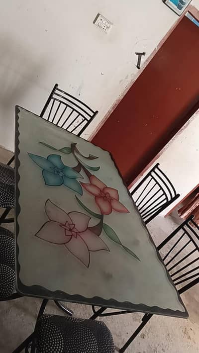 iron dining table with 6 chair heavy & printed glass