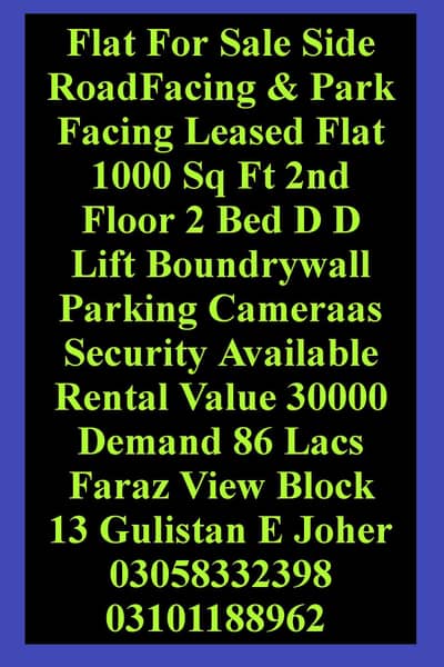 flat for 2 bed D D Faraz view Blk 13 Joher dem 86 lac 03101188962