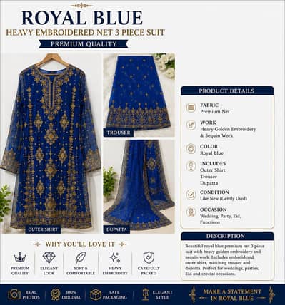Royal Blue Heavy Embroidered Premium Net 3 Piece Suit