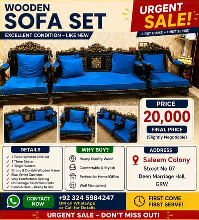Wooden Sofa Set – Excellent Condition – Blue Cushions