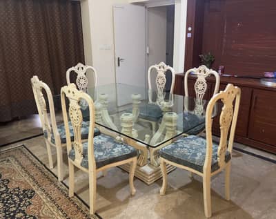 Luxury 6 Seater Solid Wood Dining Table Setwith Original Heavy Glass