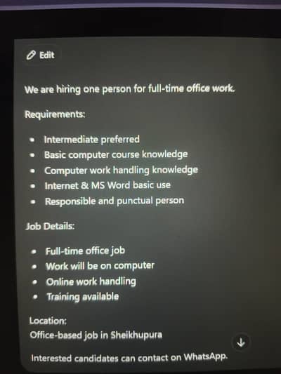 Office Job Available  Full-Time