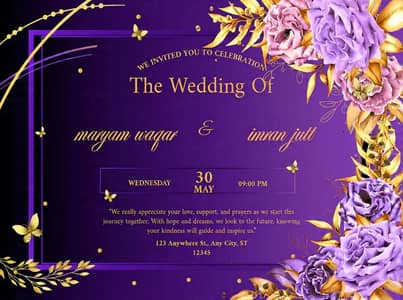 Custom Wedding Cards | Purple Gold Royal Design | Rs 1500