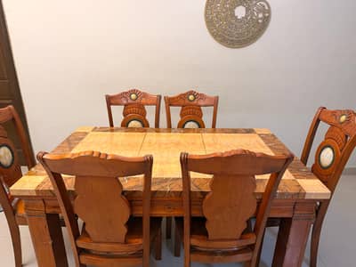 Marble dining table with 6 wooden chairs