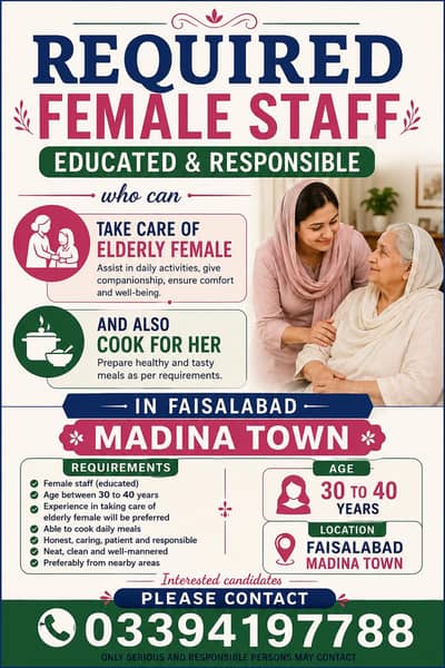 educated female for elderly help & cooking