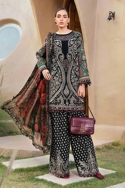 Pakistani Printed Lawn Suit Black White Patterned Set