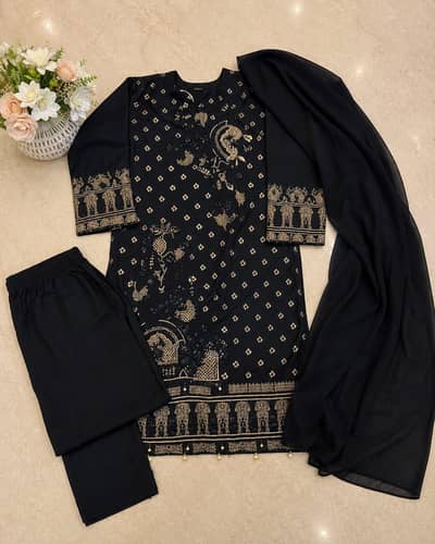 Elegant Black Embroidered 3 Piece Suit for Women