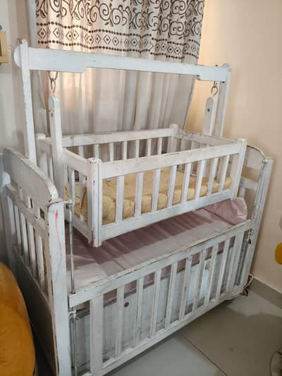 Wooden Baby Crib + Hanging Swing Bassinet (2-in-1) + storage
