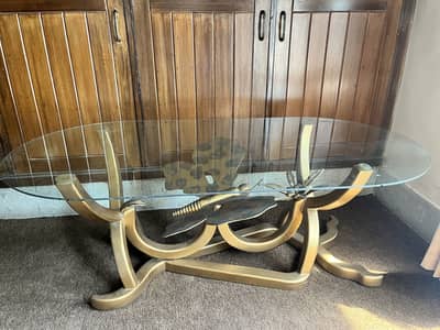 Glass centre table with 2 round side tables - gold wood base