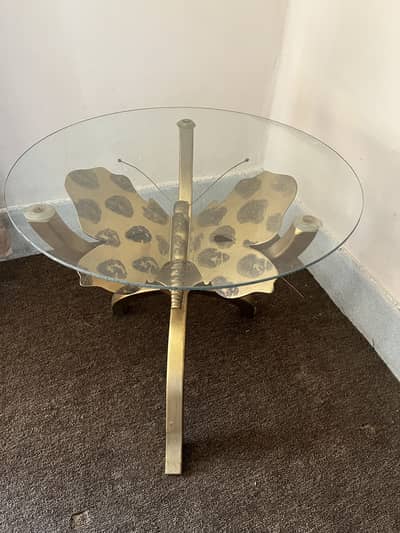 Glass centre table with 2 round side tables - gold wood base