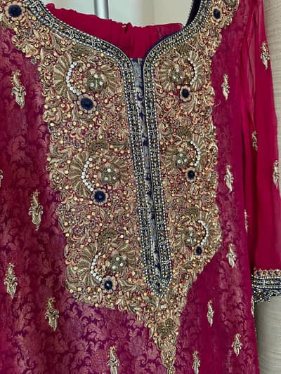 Shocking Pink Heavy Embellished work pure chifffon For Mehndi|Barat