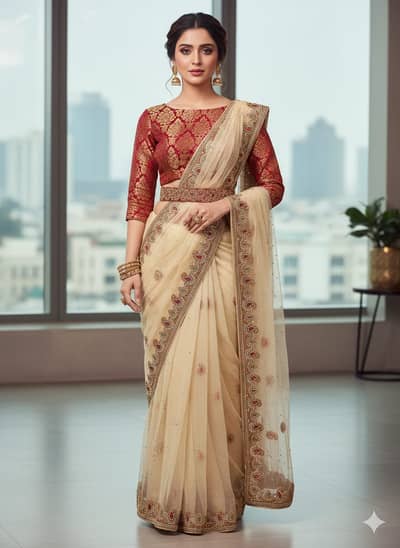 Used Mehroon & White Gold Net Saree Small Size for Sale