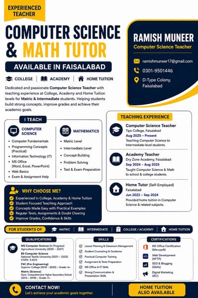 Experienced Computer Science & Math Tutor Available in Faisalabad