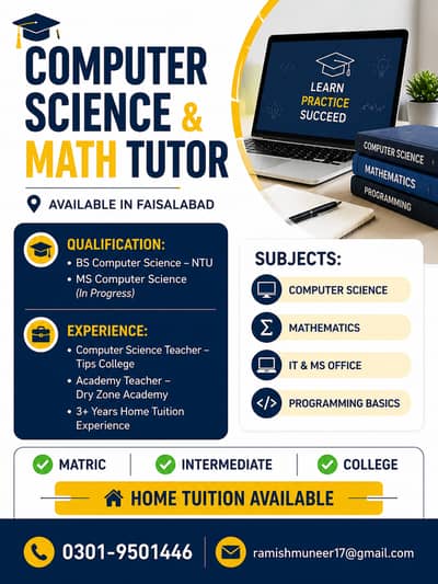 Experienced Computer Science & Math Tutor Available in Faisalabad