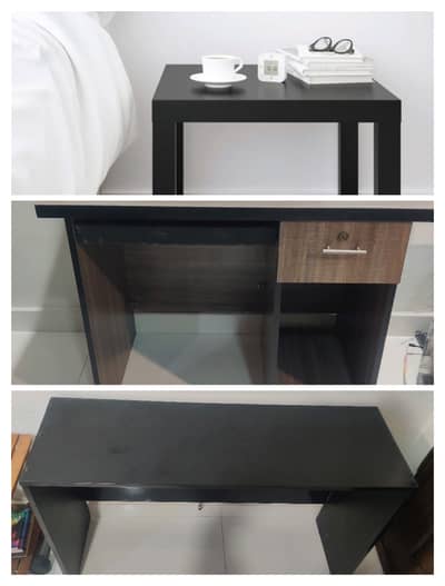 Black Study Table, Ikea Lack side Table, Desktop Table & 2 Chairs.