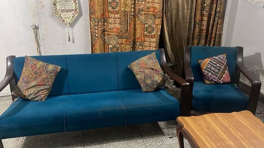 8-Seater Teal Velvet Sofa Set with Wooden Center Table