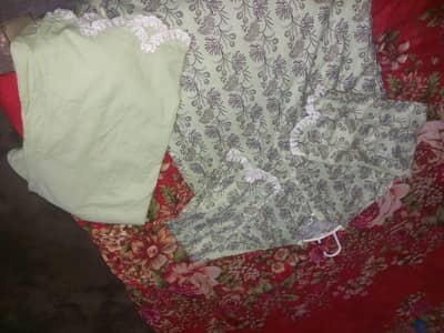*Light Green Printed Cotton 2 Piece Suit with Lace Work - Stitched*