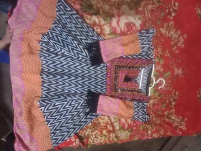 Stitched Embroidered Cotton One Piece Frock with Mirror Work