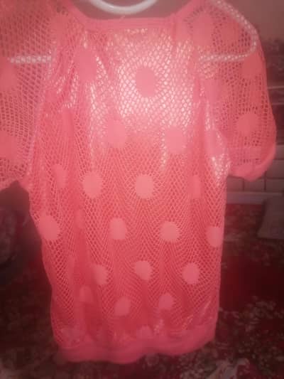 Peach Mesh Polka Dot Half Sleeve Top with Shiny Inner Lining