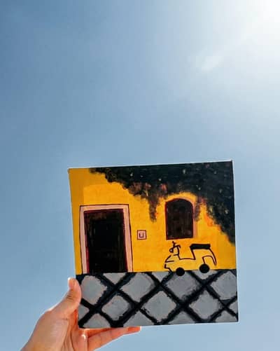 Handmade Acrylic Painting | Yellow House Street Scene | 8×8 inches