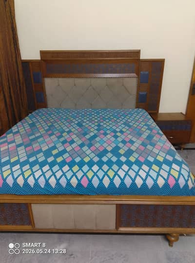 Wooden imported bed with two sides table with spring full size mattre