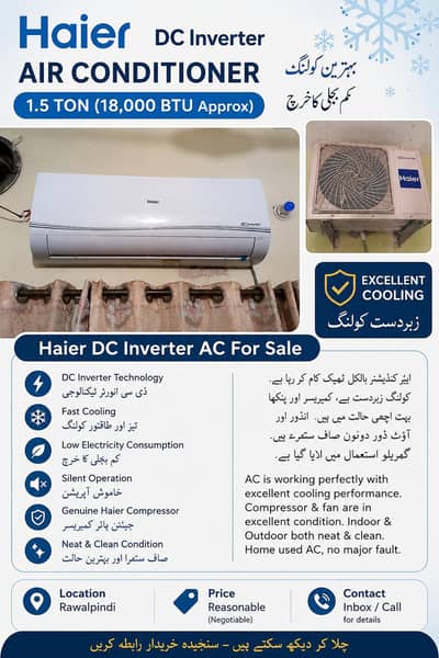 Haier DC Inverter AC 1.5 Ton – Excellent Cooling – Genuine Condition