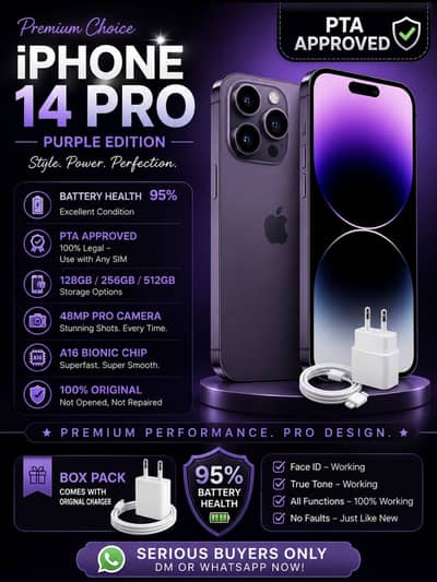 iPhone 14 Pro PTA Approved 95% Battery Purple With Charger